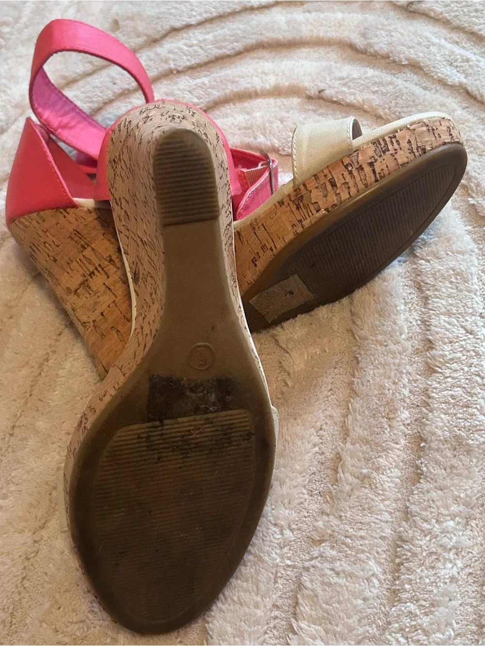Coral and Cream Ankle-Strap Wedge Sandals Wedges Sz 6